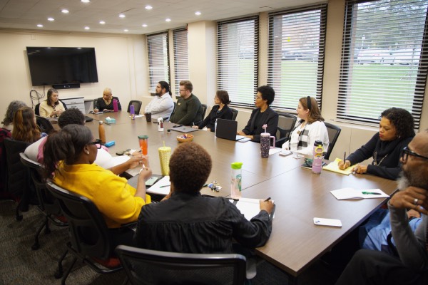 President Anne D'Alleva meets with staff from the Division of Diversity, Equity and Inclusion