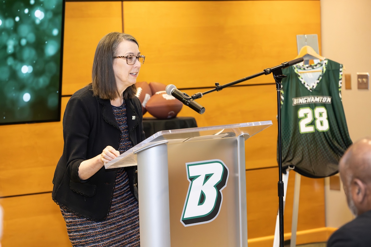 President D'Alleva speaks at the press conference announcement of women's flag football President D'Alleva speaks at the press conference announcement of women's flag football