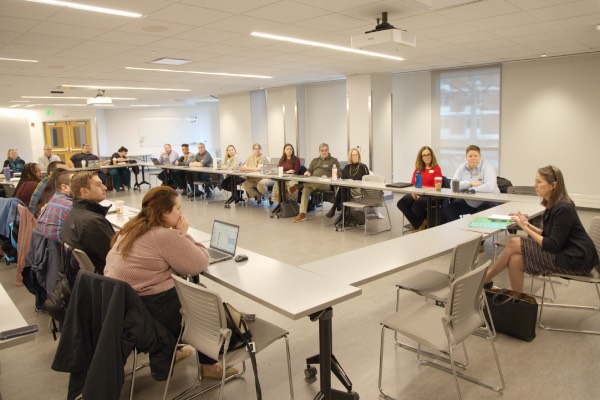 President Anne D'Alleva meets with faculty and staff from Residential Life