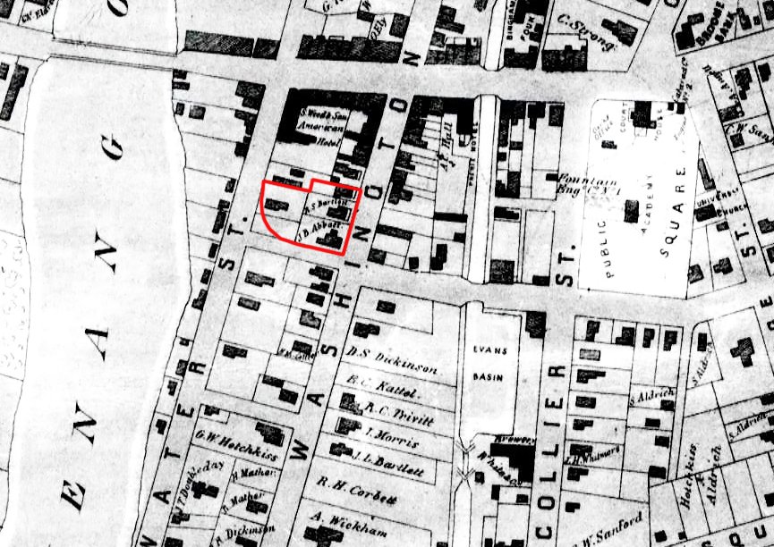 The 7 Hawley Street project area (outlined in red) on the 1851 Bevan map.