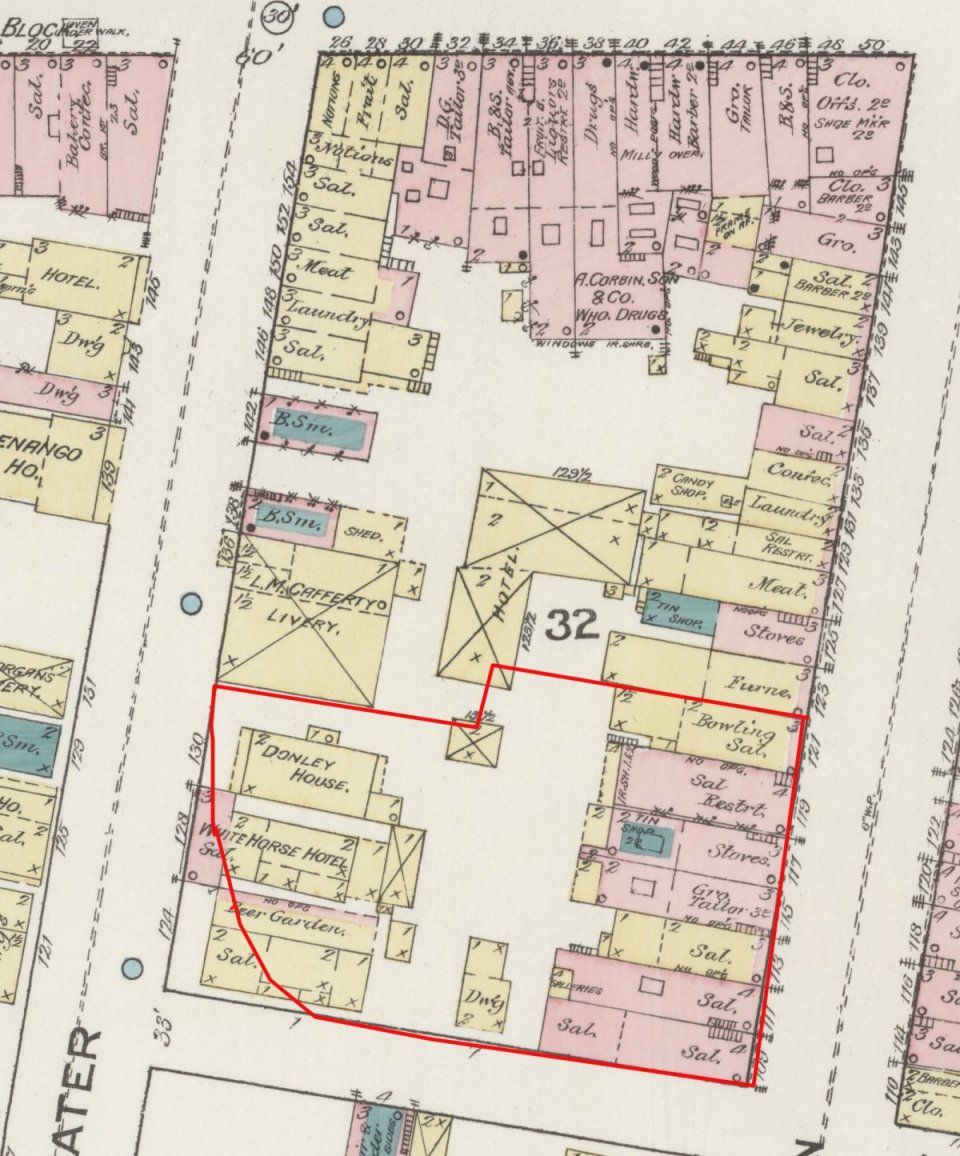 The 7 Hawley Street project area (outlined in red) on the 1887 Sanborn Fire Insurance map. 