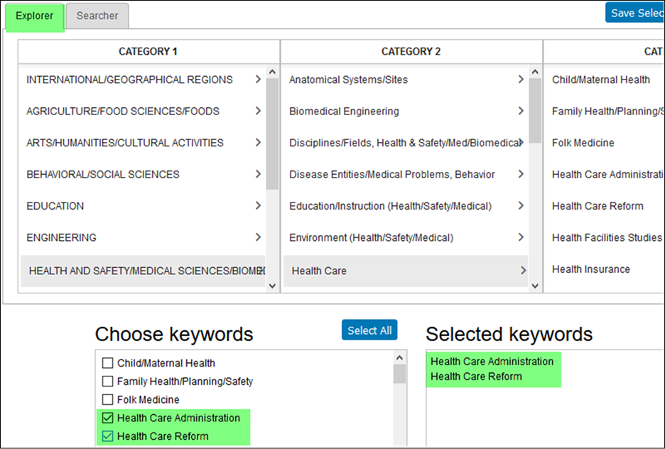 using keyword "Explorer" “Explorer” to browse Keyword categories and choose keywords.