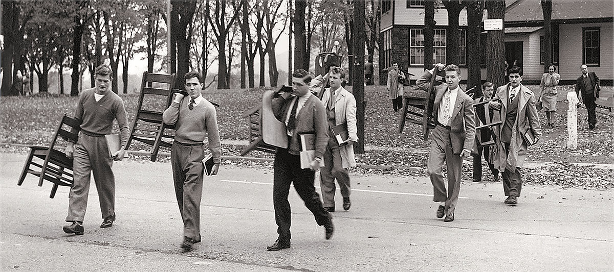 Students in the fall '46 carried chairs to classes from the Enjoie Pavilion until the first pre-fab was occupied in October.